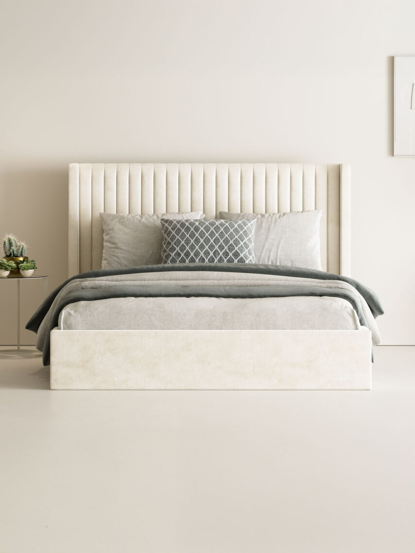 Polsterbett mit Bettkasten und Lattenrost 180x200 Samt Velours Stoff Beige Alves 1 miubett.de