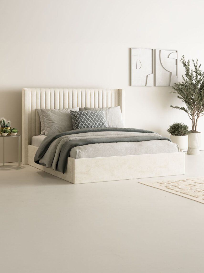 Polsterbett mit Bettkasten und Lattenrost 180x200 Samt Velours Stoff Beige Alves 2 miubett.de