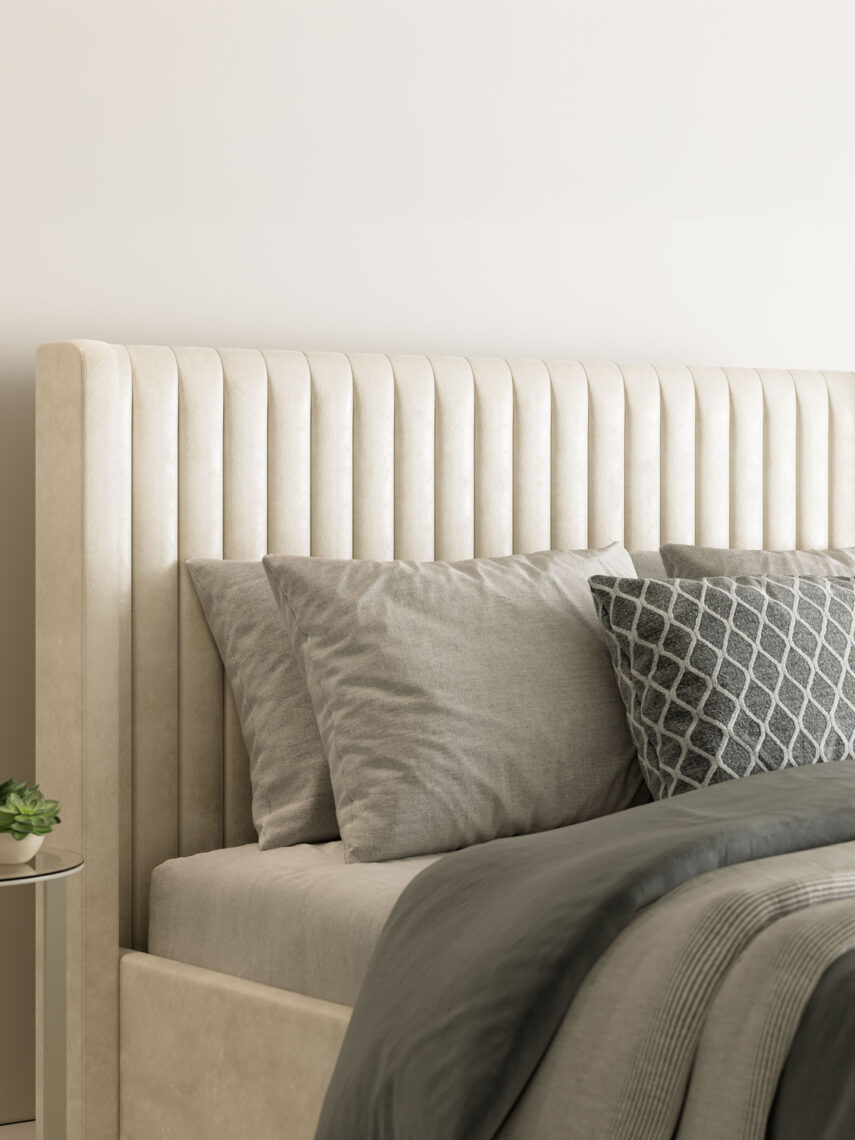 Polsterbett mit Bettkasten und Lattenrost 180x200 Samt Velours Stoff Beige Alves 3 miubett.de