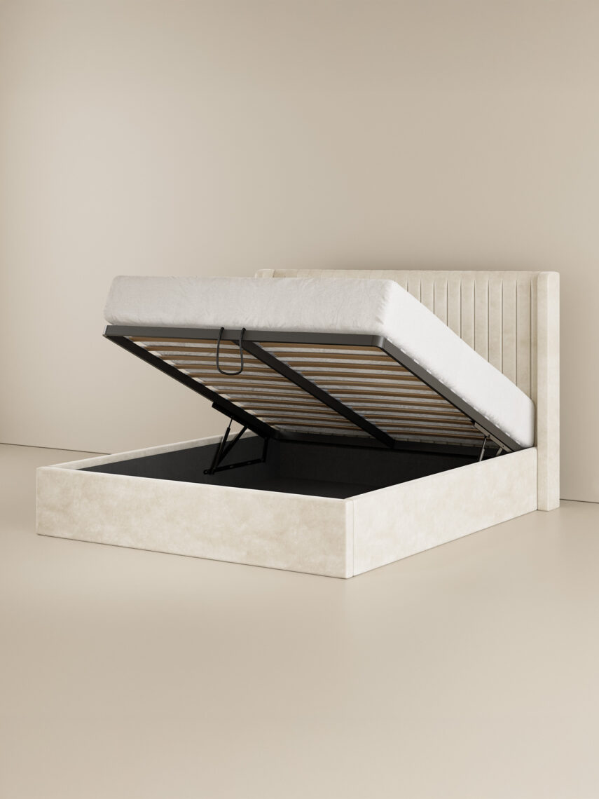 Polsterbett mit Bettkasten und Lattenrost 180x200 Samt Velours Stoff Beige Alves 6 miubett.de