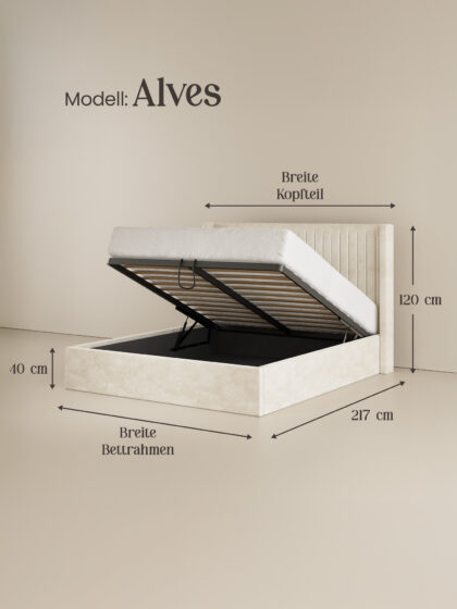 Polsterbett mit Bettkasten und Lattenrost 180x200 Samt Velours Stoff Beige Alves skizze miubett.de
