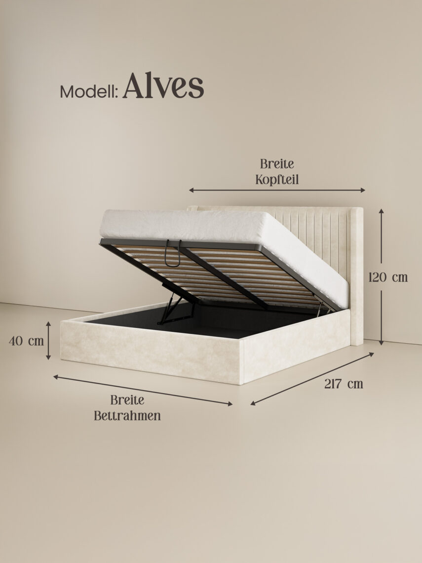 Polsterbett mit Bettkasten und Lattenrost 180x200 Samt Velours Stoff Beige Alves skizze miubett.de