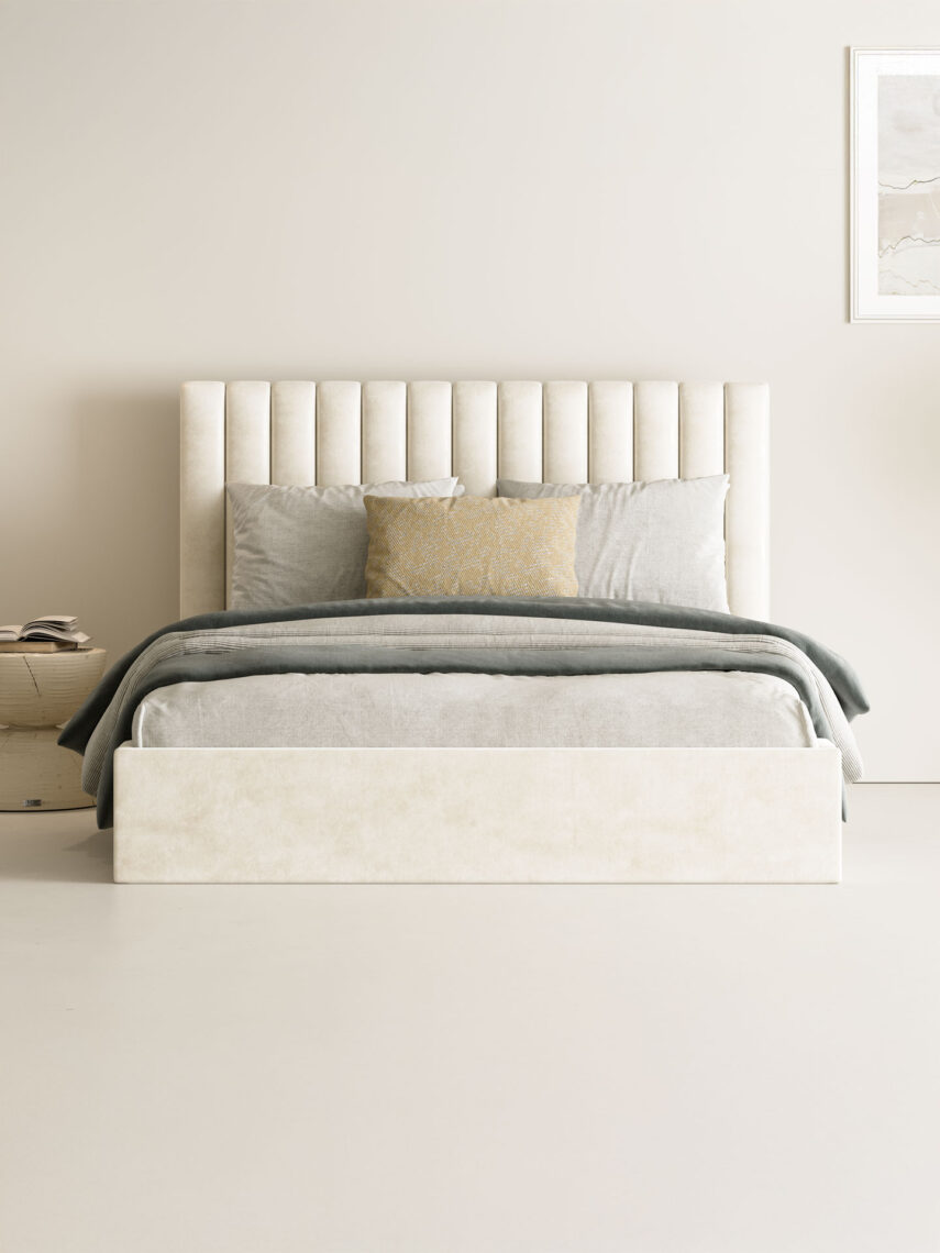 Polsterbett mit Bettkasten und Lattenrost 180x200 Samt Velours Stoff Beige Amos 1 miubett.de