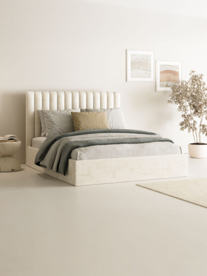 Polsterbett mit Bettkasten und Lattenrost 180x200 Samt Velours Stoff Beige Amos 2 miubett.de