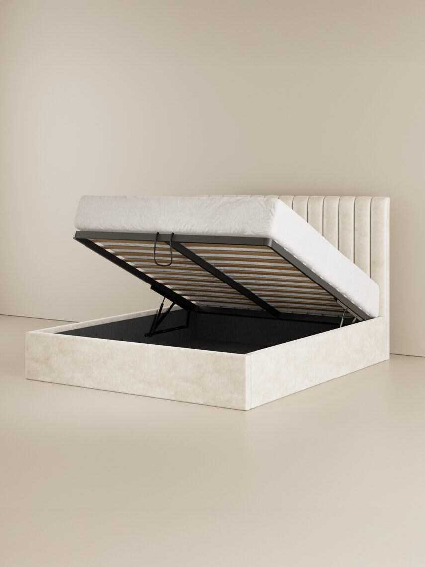 Polsterbett mit Bettkasten und Lattenrost 180x200 Samt Velours Stoff Beige Amos 4 miubett.de