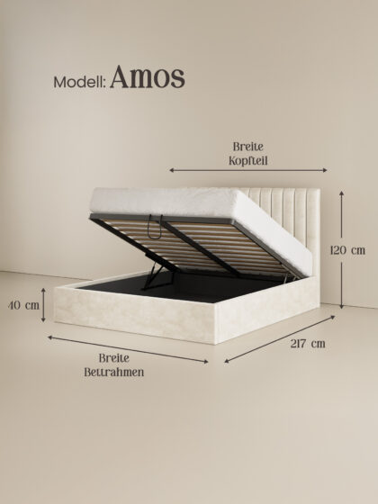 Polsterbett mit Bettkasten und Lattenrost 180x200 Samt Velours Stoff Beige Amos skizze miubett.de