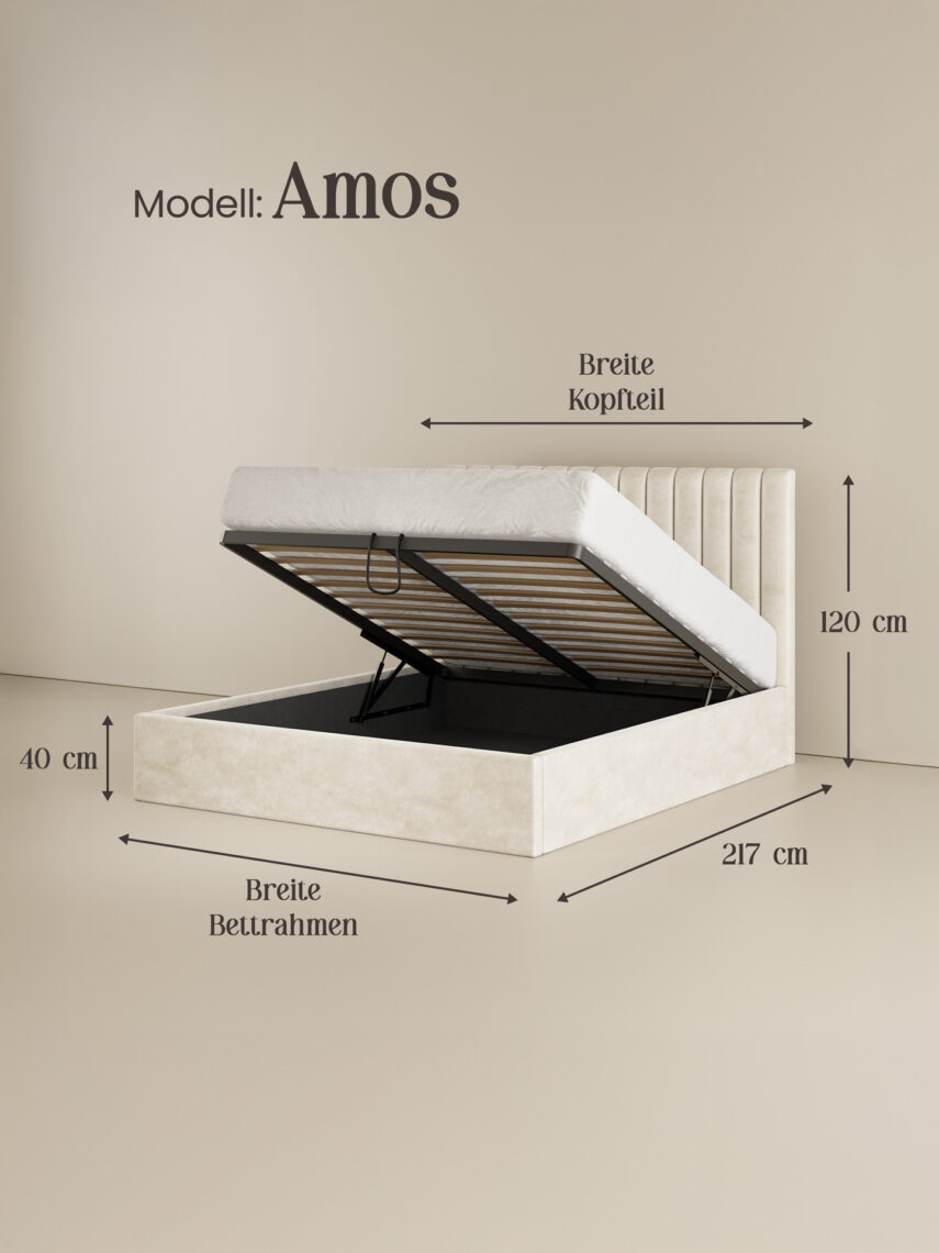 Polsterbett mit Bettkasten und Lattenrost 180x200 Samt Velours Stoff Beige Amos skizze miubett.de