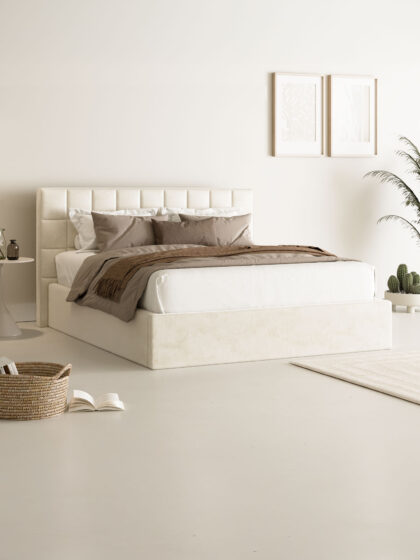Polsterbett mit Bettkasten und Lattenrost 180x200 Samt Velours Stoff Beige Base 2 miubett.de