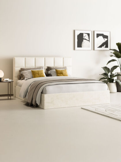 Polsterbett mit Bettkasten und Lattenrost 180x200 Samt Velours Stoff Beige Castle 2 miubett.de