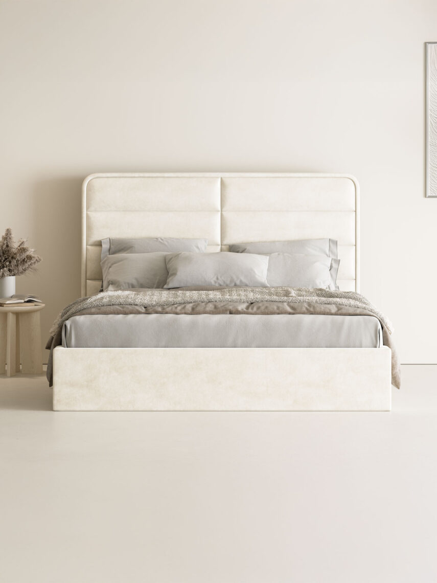 Polsterbett mit Bettkasten und Lattenrost 180x200 Samt Velours Stoff Beige Chill 1 miubett.de