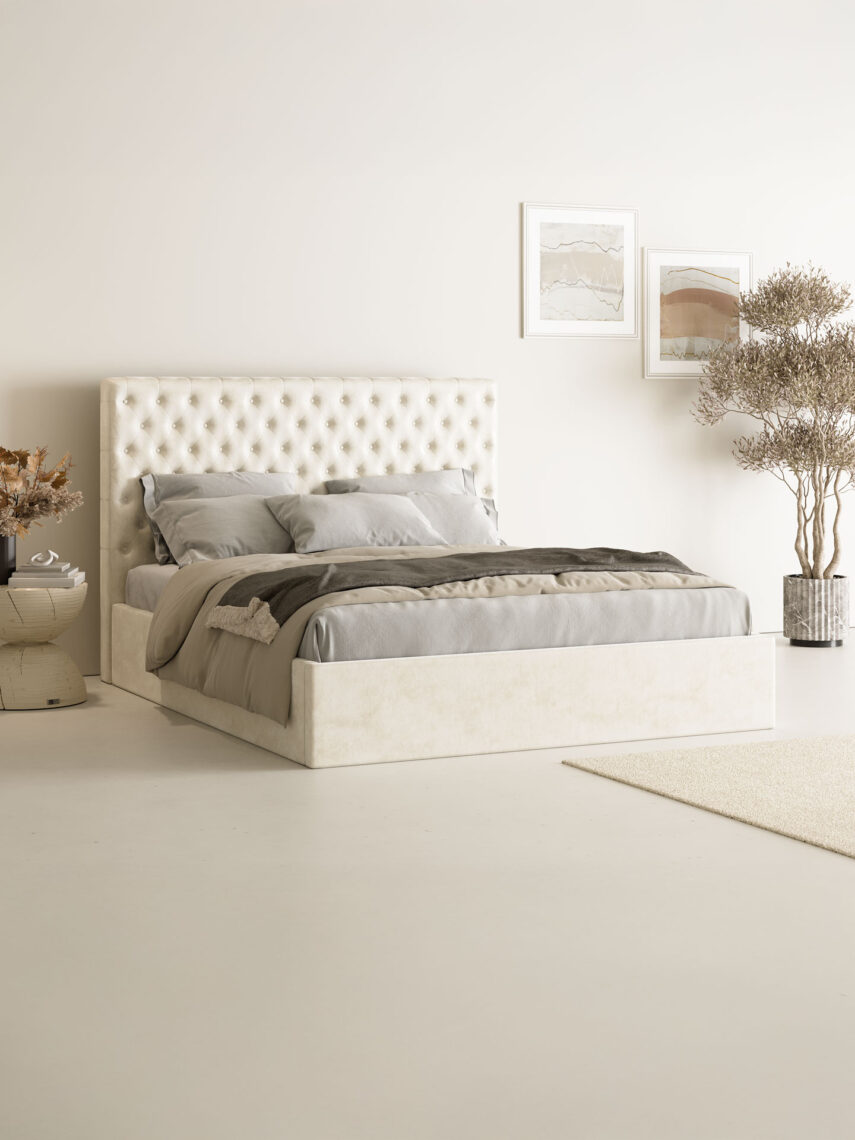 Polsterbett mit Bettkasten und Lattenrost 180x200 Samt Velours Stoff Beige Gracia 2 miubett.de