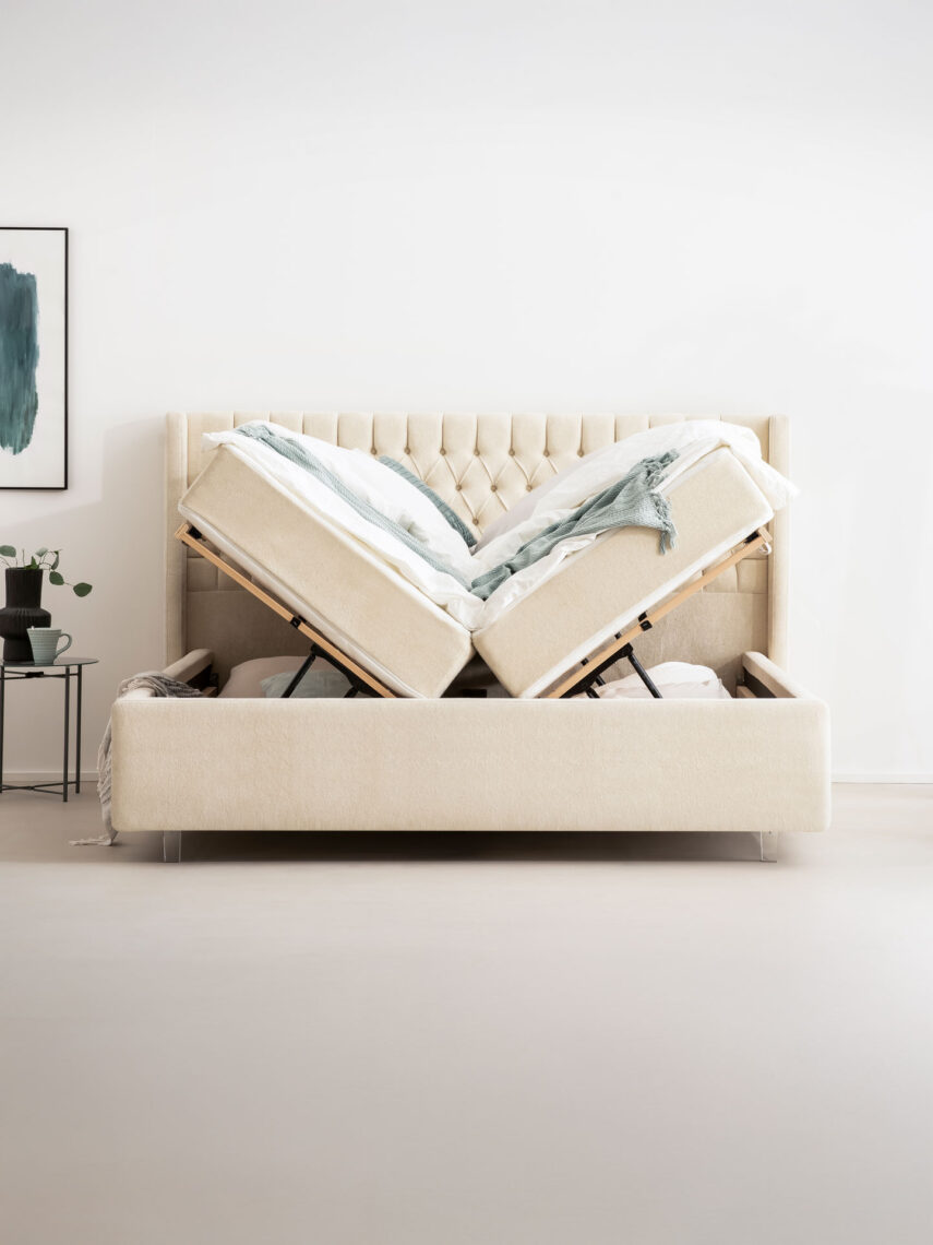 Polsterbett mit Bettkasten und Lattenrost 180x200 Teddy Boucle Stoff Beige Hilo 2 miubett.de