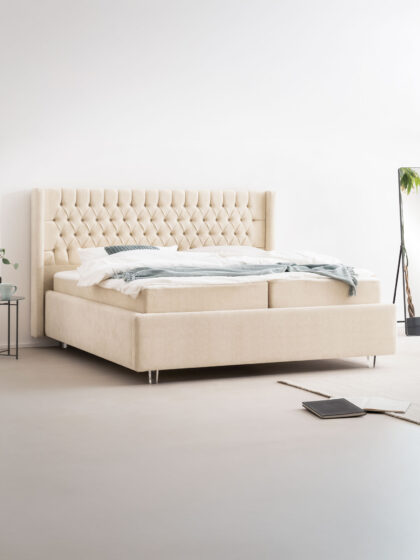 Polsterbett mit Bettkasten und Lattenrost 180x200 Teddy Boucle Stoff Beige Hilo 3 miubett.de
