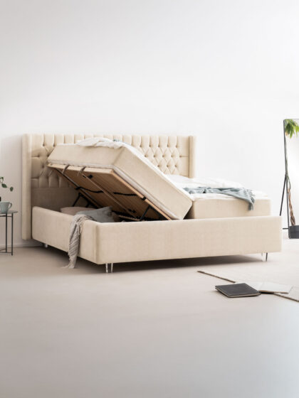 Polsterbett mit Bettkasten und Lattenrost 180x200 Teddy Boucle Stoff Beige Hilo 4 miubett.de