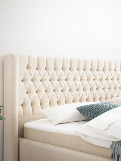 Polsterbett mit Bettkasten und Lattenrost 180x200 Teddy Boucle Stoff Beige Hilo 5 miubett.de