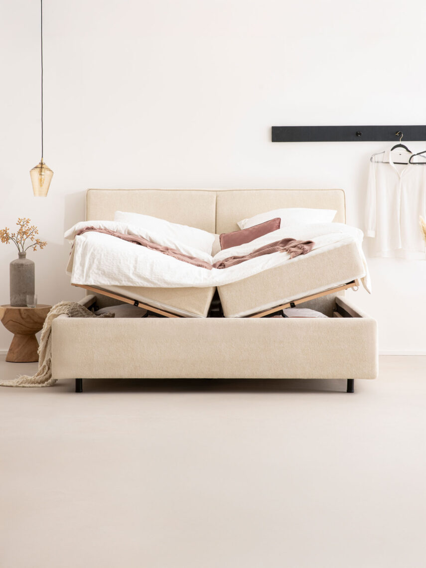 Polsterbett mit Bettkasten und Lattenrost 180x200 Teddy Boucle Stoff Beige Lima 2 miubett.de