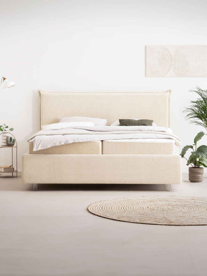 Polsterbett mit Bettkasten und Lattenrost 180x200 Teddy Boucle Stoff Beige Liss 1 miubett.de