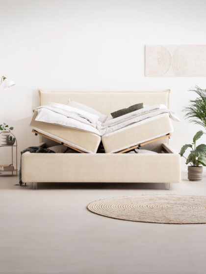Polsterbett mit Bettkasten und Lattenrost 180x200 Teddy Boucle Stoff Beige Liss 2 miubett.de