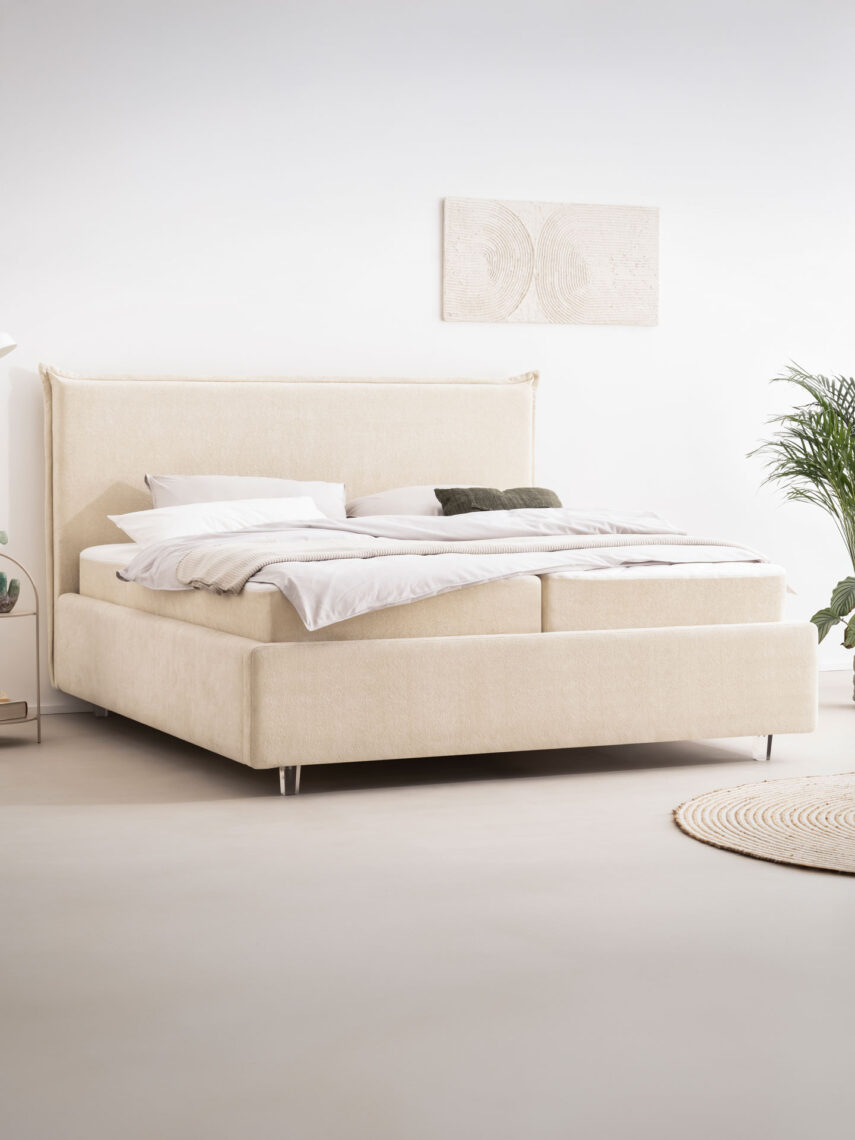 Polsterbett mit Bettkasten und Lattenrost 180x200 Teddy Boucle Stoff Beige Liss 3 miubett.de