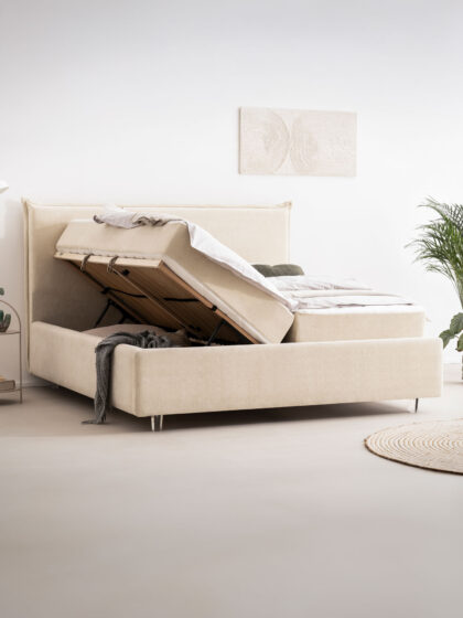 Polsterbett mit Bettkasten und Lattenrost 180x200 Teddy Boucle Stoff Beige Liss 4 miubett.de