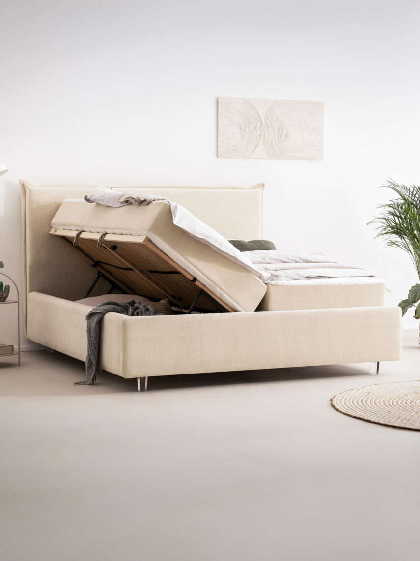 Polsterbett mit Bettkasten und Lattenrost 180x200 Teddy Boucle Stoff Beige Liss 4 miubett.de