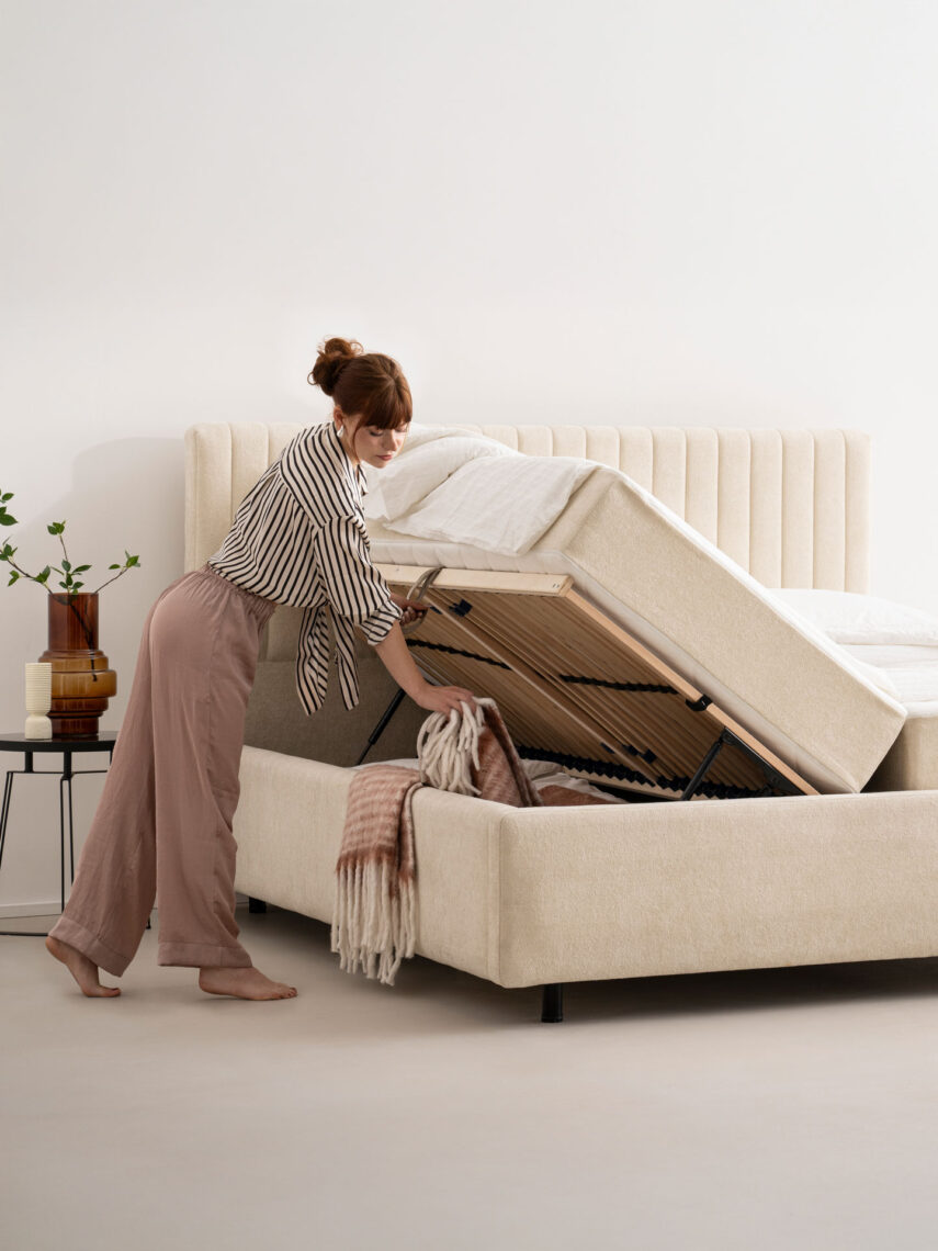 Polsterbett mit Bettkasten und Lattenrost 180x200 Teddy Boucle Stoff Beige SION 6 miubett.de