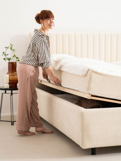 Polsterbett mit Bettkasten und Lattenrost 180x200 Teddy Boucle Stoff Beige SION 9 miubett.de
