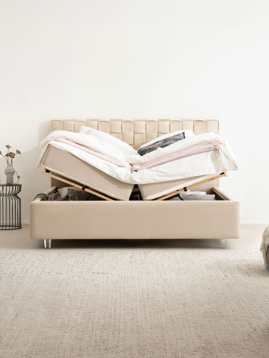 Polsterbett mit Bettkasten und Lattenrost 180x200 Velvet Velours Stoff Beige Bali 2 miubett.de