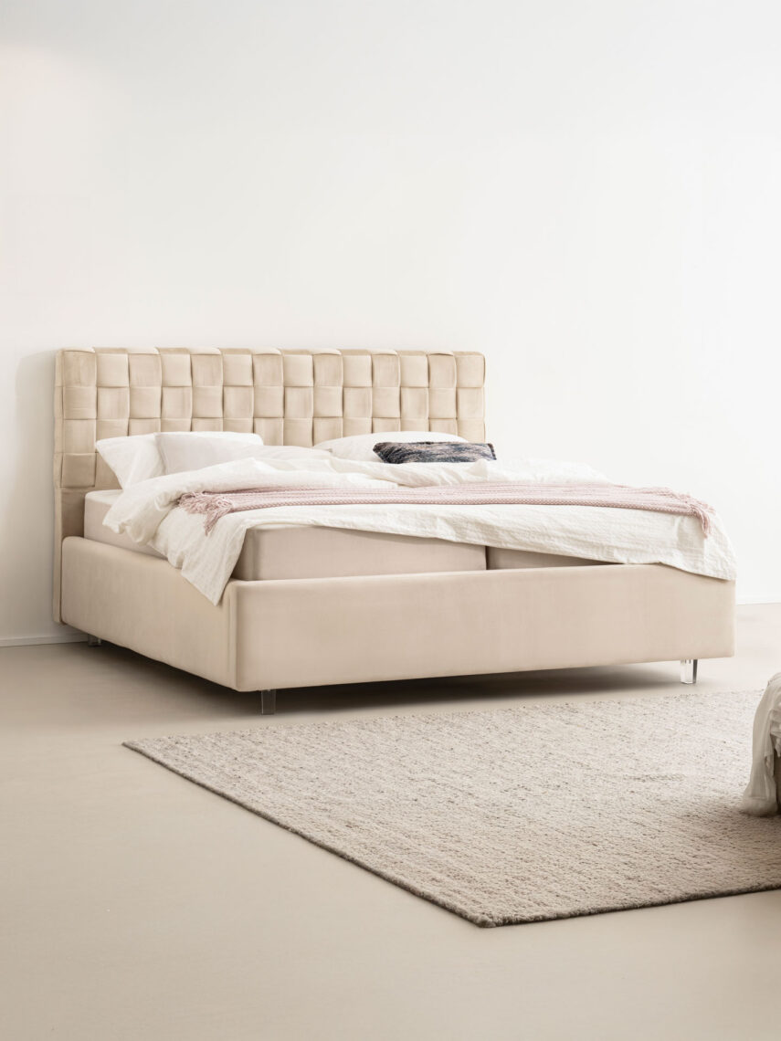 Polsterbett mit Bettkasten und Lattenrost 180x200 Velvet Velours Stoff Beige Bali 3 miubett.de