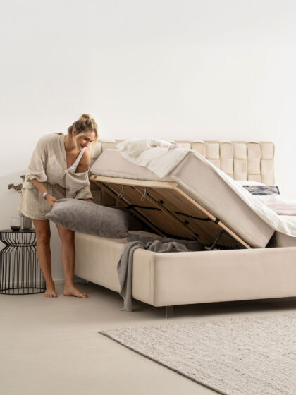 Polsterbett mit Bettkasten und Lattenrost 180x200 Velvet Velours Stoff Beige Bali 7 miubett.de