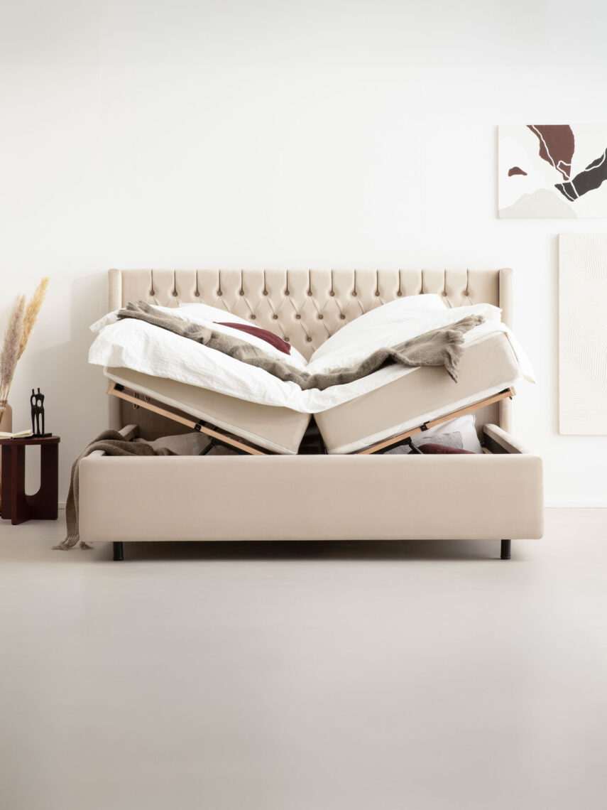 Polsterbett mit Bettkasten und Lattenrost 180x200 Velvet Velours Stoff Beige Hilo 2 miubett.de