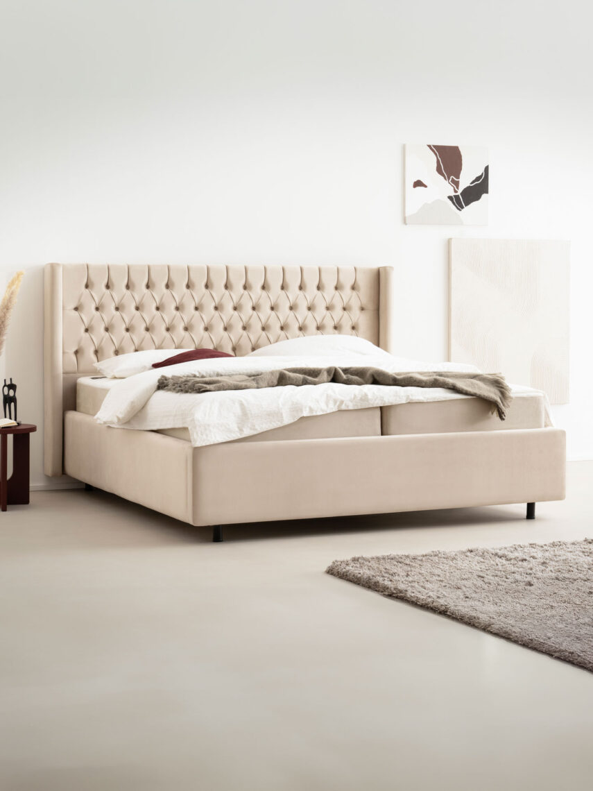 Polsterbett mit Bettkasten und Lattenrost 180x200 Velvet Velours Stoff Beige Hilo 3 miubett.de