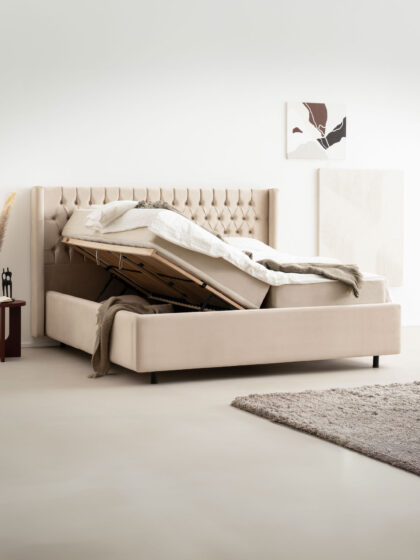 Polsterbett mit Bettkasten und Lattenrost 180x200 Velvet Velours Stoff Beige Hilo 4 miubett.de
