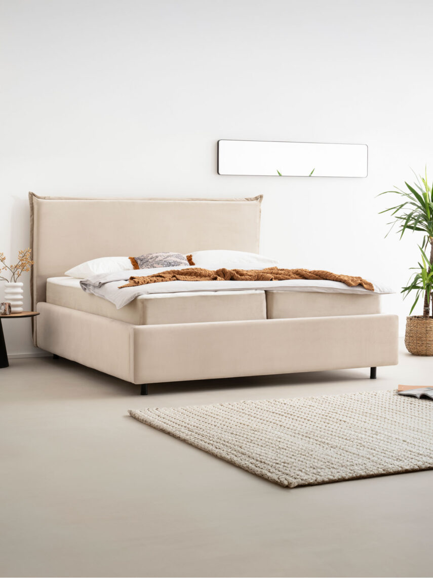 Polsterbett mit Bettkasten und Lattenrost 180x200 Velvet Velours Stoff Beige Liss 3 miubett.de