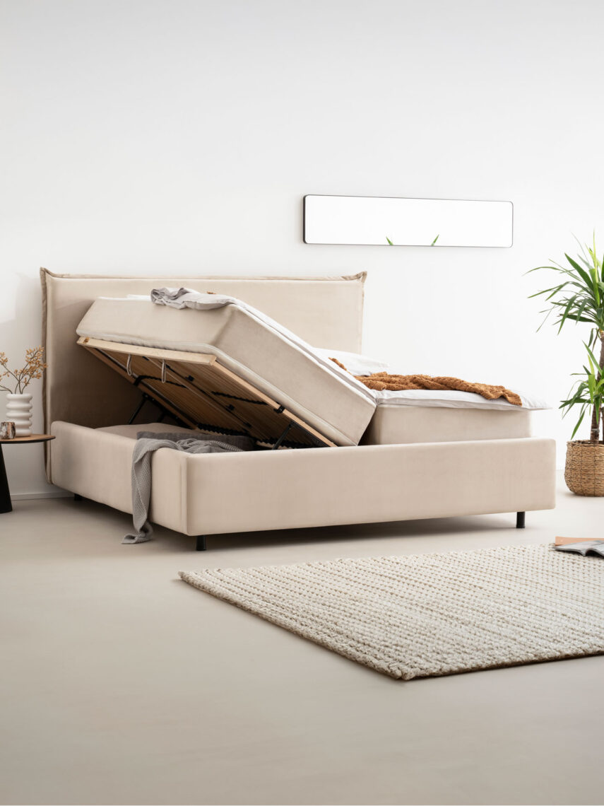 Polsterbett mit Bettkasten und Lattenrost 180x200 Velvet Velours Stoff Beige Liss 4 miubett.de