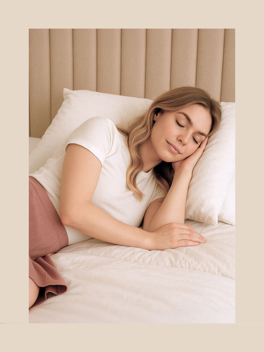 a woman sleeping on a bed